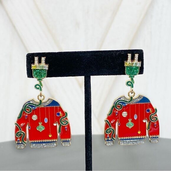 Serra Ugly Sweater Rhinestone Dangle Earrings Holiday Christmas - Picture 1 of 9
